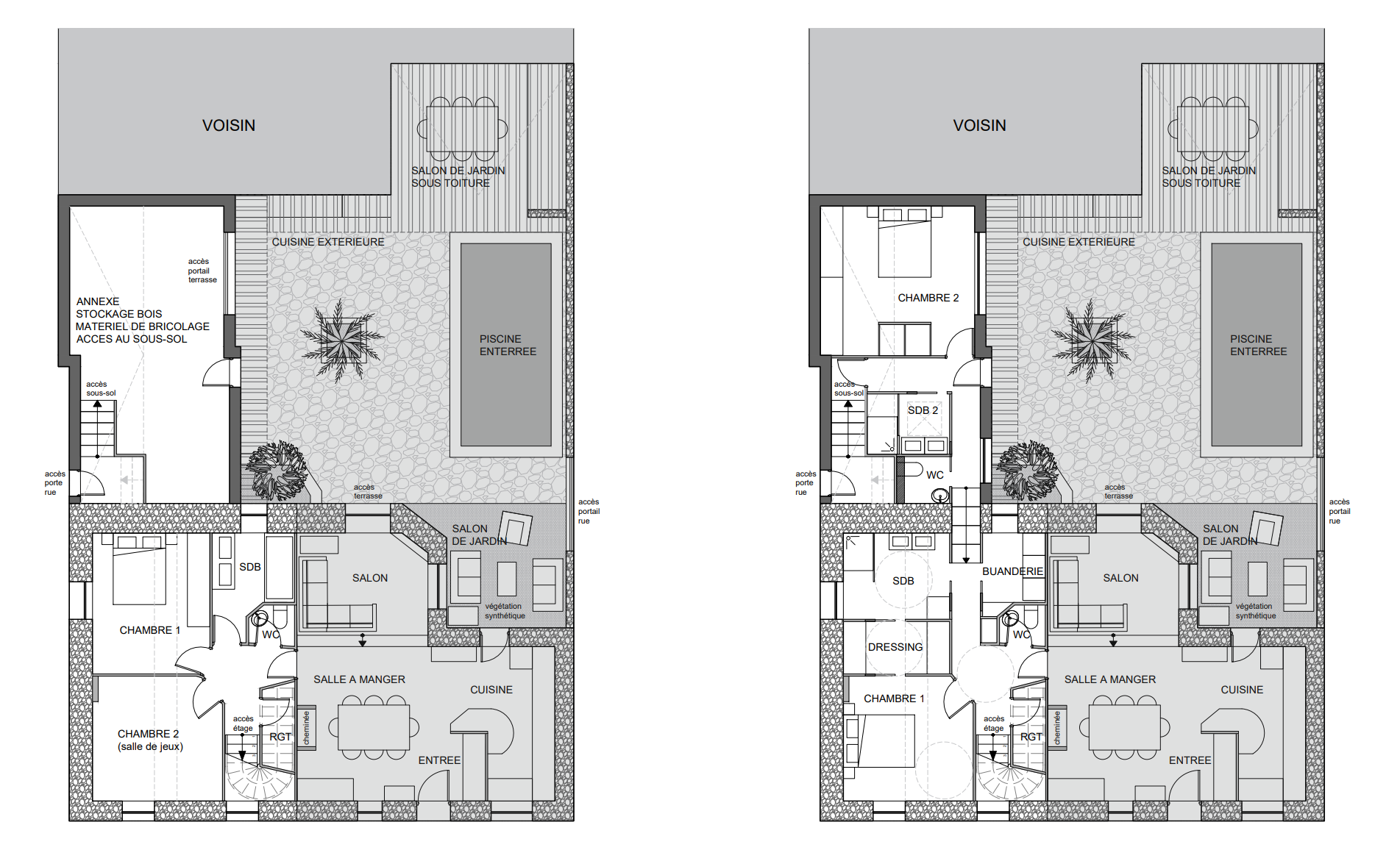 Ces deux plans montrent un avant/après du rez-de-chaussée de la maison en comparant le plan de l'existant avec le plan de réhabilitation.