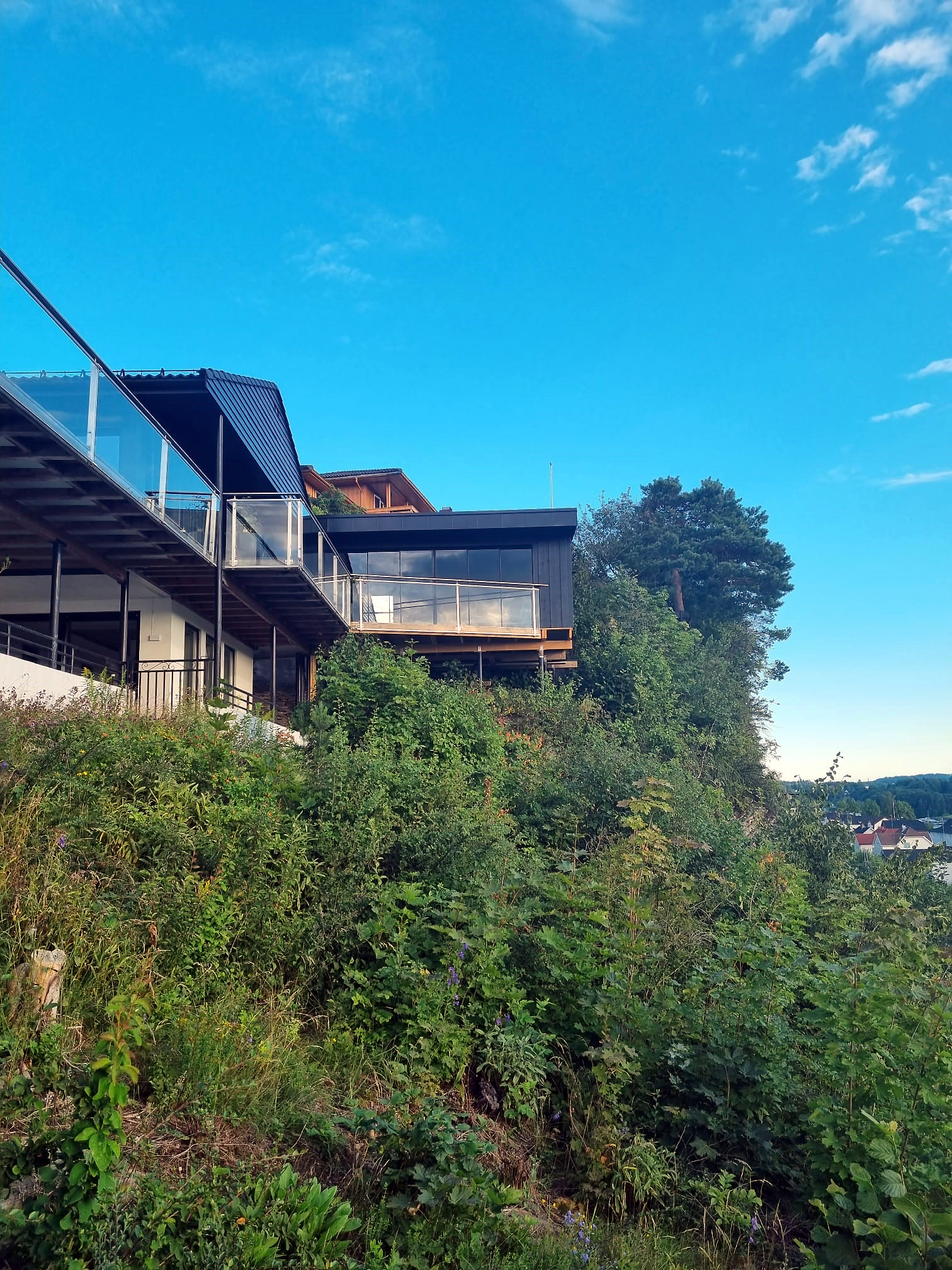 Photo qui montre la hauteur de l'extension au dessus du jardin vertical de la maison, situé sur la montagne. On voit le rez-de-chaussée en dessous de la terrasse.